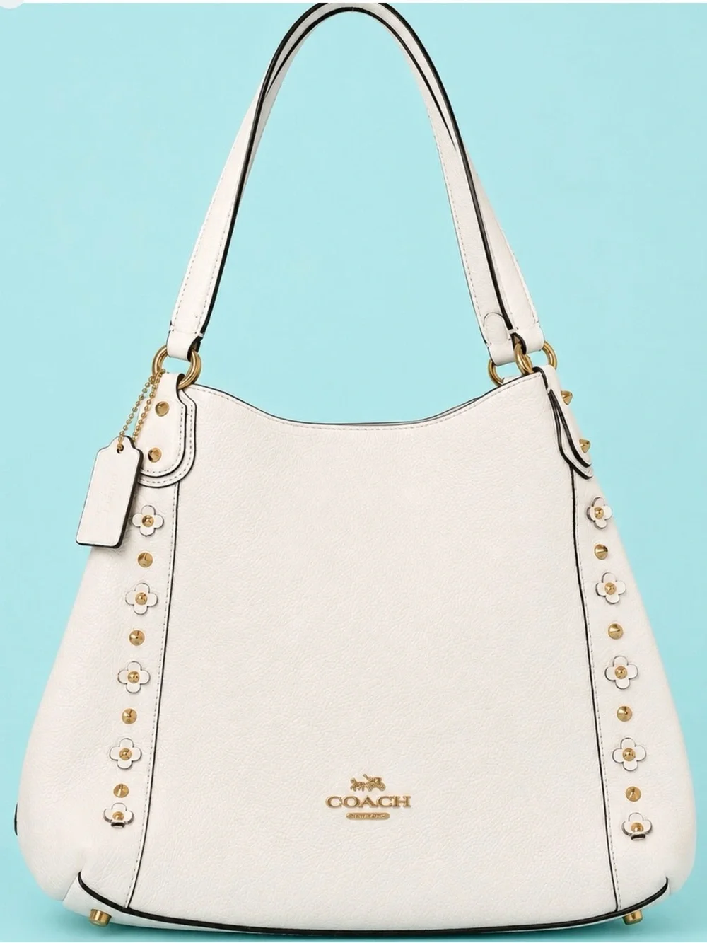 Coach Edie White Pebble Leather Floral Stud Shoulder Tote